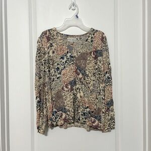 Knox Rose Tan and Pink Floral Longsleeve Blouse Women’s Medium